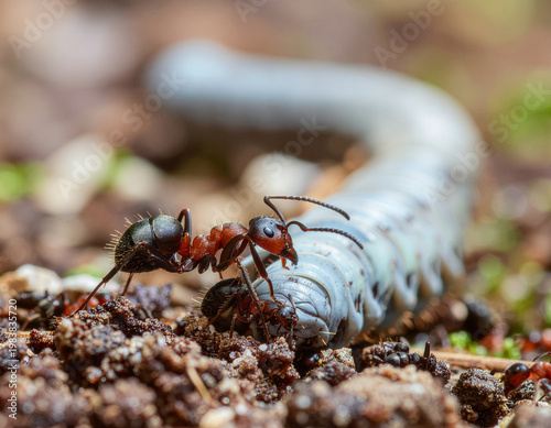 Red ant investigates the shell of a caterpillar for nutrients.