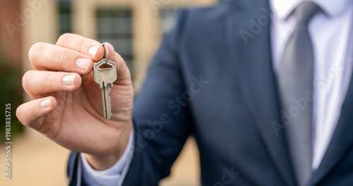 Realtor in suit hold key outdoor. Real estate agent showing house for sale. Property insurance. Real estate market. Broker man. House insurance. Realtor offering new home, copy space