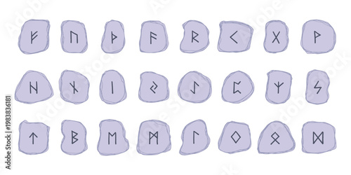 Set of hand drawn viking runes Rune stones with ancient norse alphabet characters engraved on them Scandinavian futhark germanic celtic Single element for design, print, web, decor