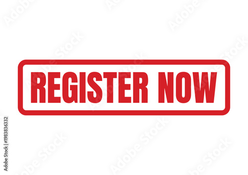 Vibrant red stamp design displaying the phrase Register Now perfect for urgent promotional and marketing campaigns