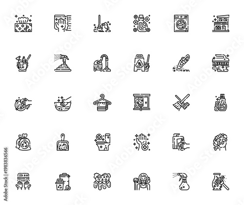 Cleaning icon set. Vector illustration pack. Includes tissue, wipe, mop, washing machine, vacuum, broom, detergent, soap and more. Editable stroke.