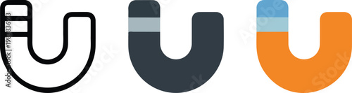 Minimalist vector icon set of horseshoe magnet in three styles outline solid gray and orange blue accent variations