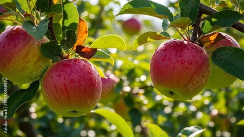 Ripe Apples Hanging on Tree Branches in Orchard.