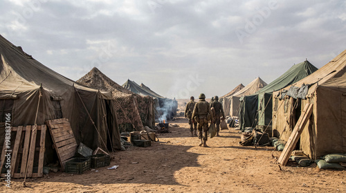 Several soldiers walk away from the camera through a dusty desert military camp with numerous temporary tents.