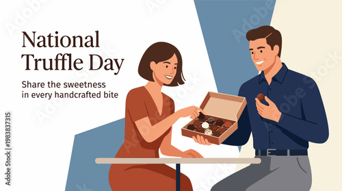 National Truffle Day concept with couple sharing chocolate truffles, luxury dessert gift and sweet moment, gourmet confectionery and romantic dining, modern flat vector illustration