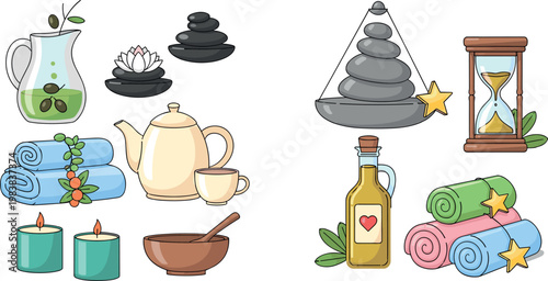 Wellness and Spa Icons Featuring Tea, Towels, Candles, Stones, and Essential Oils for Relaxation and Self-Care Designs