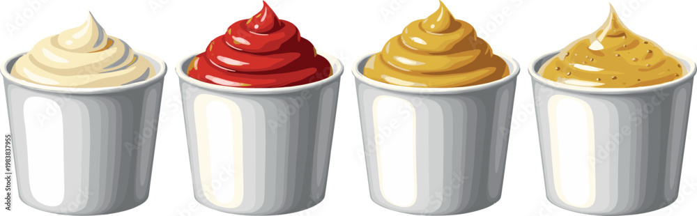 Εκτύπωση καμβά Assorted Sauces in White Cups Including Mayo, Ketchup, Mustard, and Yellow Sauce