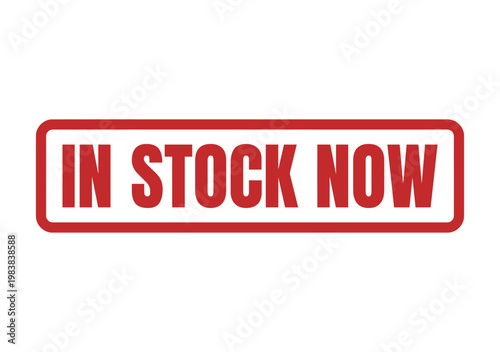 Red rectangular rubber stamp mark with the text saying In Stock Now for inventory and retail stores