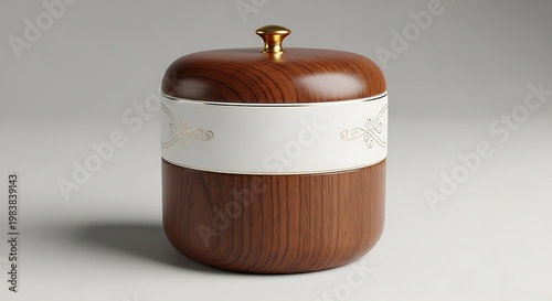 Rendered close-up of a wooden container with a decorative white band and gold knob