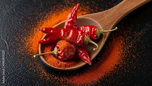 Red Chili Peppers and Powder on Wooden Spoon Still Life.