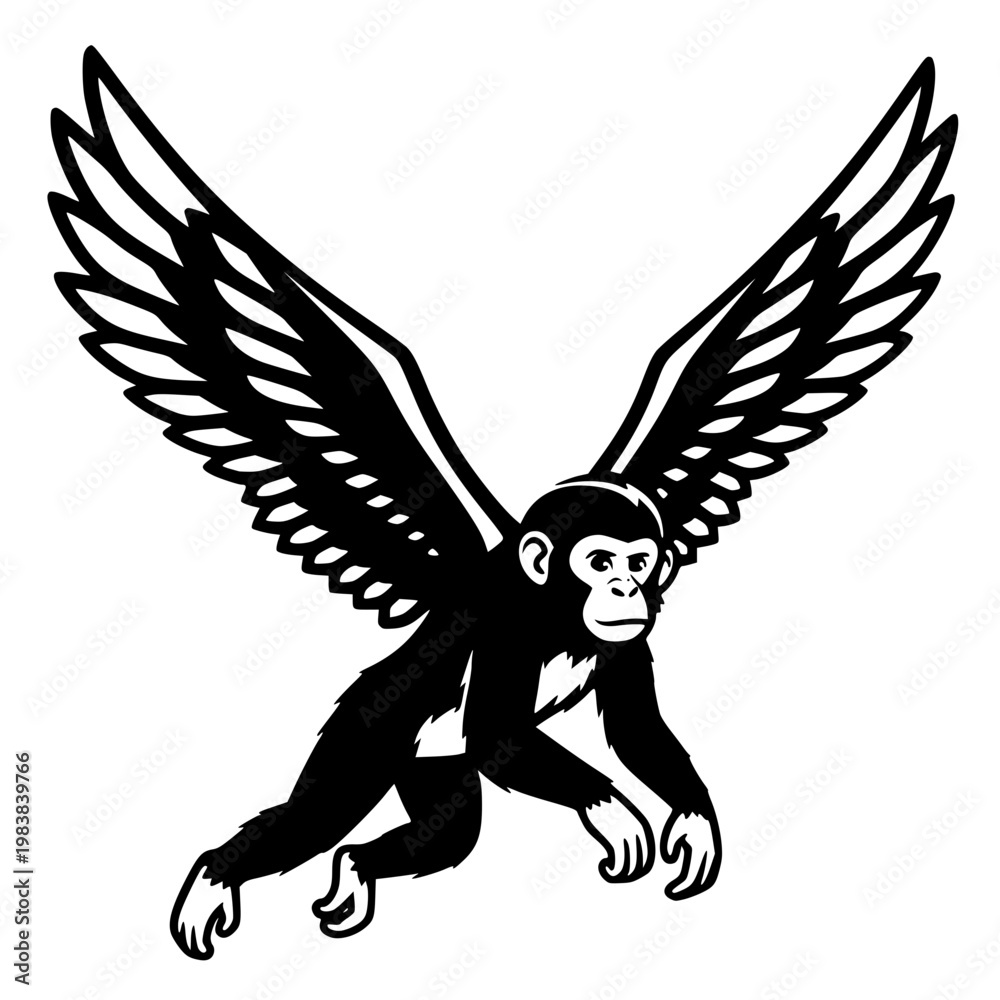 Fototapeta Winged Primate: A captivating monochrome image of a monkey gracefully soaring through the air, its body transformed with the addition of majestic wings.