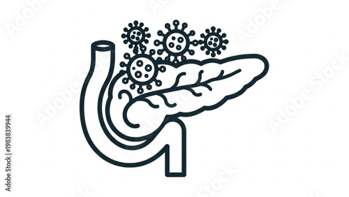 World Pancreatic Cancer Day Conceptual representation of a pancreas affected by viruses or disease, illustrating infection and health concerns within the organ
