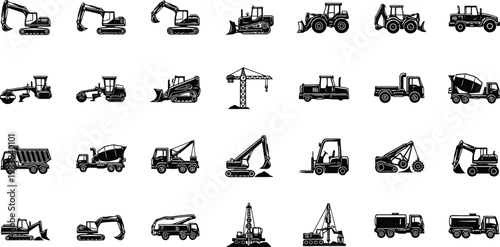 Collection of various heavy machinery and construction vehicles in black silhouette on a plain surface for industrial and design use