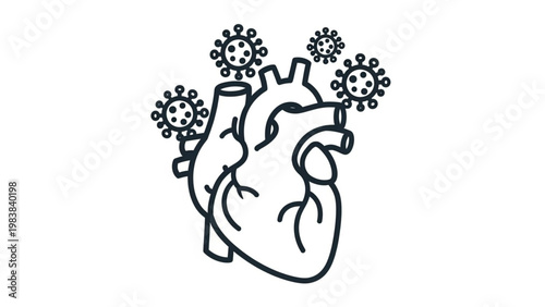 World Heart Day Illustration of a Human Heart with Coronavirus Particles Representing Heart Disease or Cardiac Issues Associated with Illness
