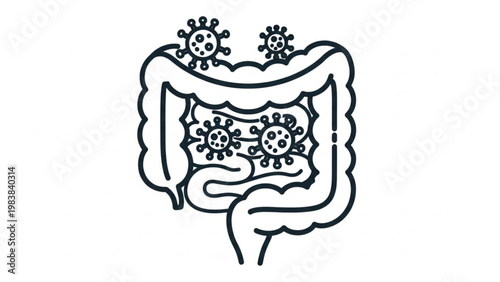 World Digestive Health Day Medical line art of human intestines infected by viruses, symbolizing gastrointestinal illness, gut microbiome imbalance, and potential digestive system health complications