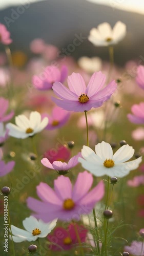 Field of Pink and White Cosmos Flowers in Soft Sunlight Generative AI