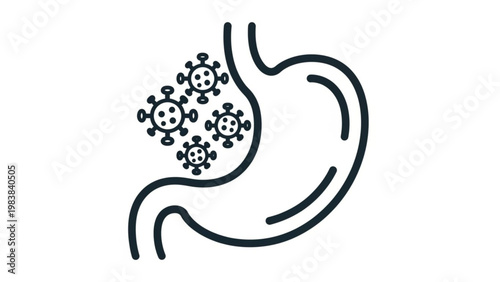 World Digestive Health Day a human stomach with virus particles, symbolizing viral gastroenteritis, stomach infection, digestive illness, or microbial health concerns