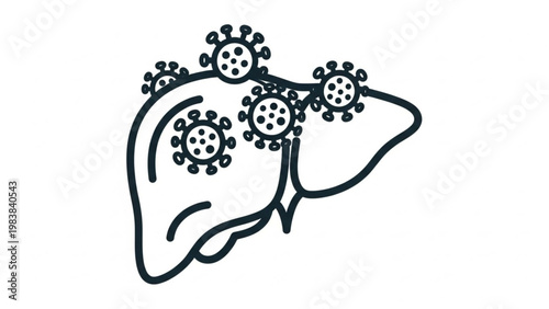 World Hepatitis Day Outline illustration depicting a human liver affected by viral pathogens, representing concepts of hepatitis, liver disease, and general internal organ infection