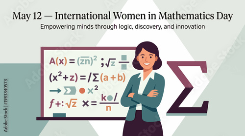 International Women in Mathematics Day with female mathematician and equations board, STEM education and women empowerment concept, modern flat vector illustration