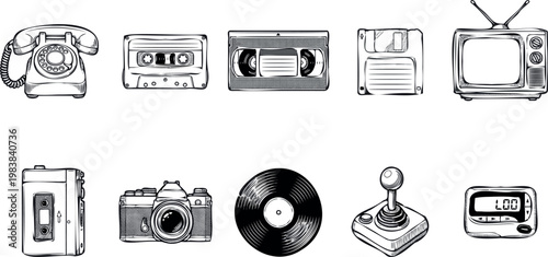 A set of ten vintage technology vector icons. Various graphic styles like hand drawn engraving, sketch, and line art. Ideal for retro, nostalgia, entertainment, and electronics design concepts.