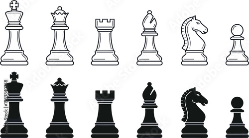 A set of twelve chess piece vector icons. Various graphic styles like outline, solid black silhouette, and detailed line art. Ideal for chess, strategy game, sport, competition, and board game design 