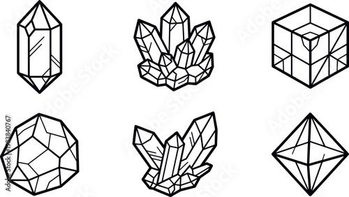 A set of six crystal and mineral vector icons. Various graphic styles like geometric outline, line art, and faceted shape illustration. Ideal for geology, healing, spiritual, jewelry, and mystic desig