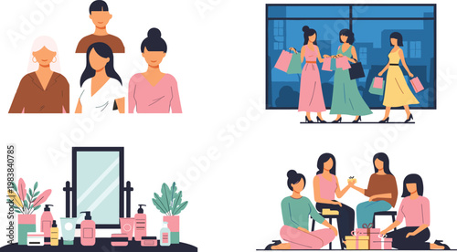 Women Lifestyle and Beauty Vector Set with Shopping Friends Makeup Skincare Routine and Social Activities Illustration Collection
