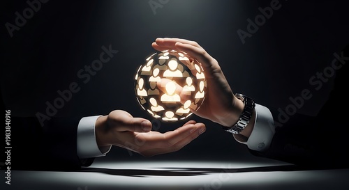 Hands holding glowing crystal ball.