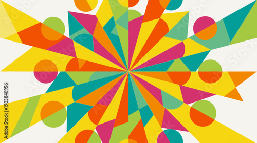 Vibrant geometric shapes create a colorful abstract illustration on white