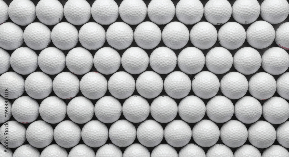 A perfectly repetitive pattern of numerous dimpled white golf balls filling the entire frame from edge to edge, showcasing a clean, uniform, and athletic background for sports and leisure themes.