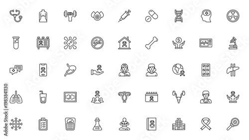 Cancer awareness icon set. Minimal vector symbols for health, medicine, support, and research. Includes ribbon, stethoscope, dna, donation, organs, and more. Editable line icons.
