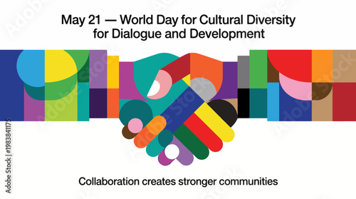 World Day for Cultural Diversity with abstract colorful people shapes, unity collaboration and global inclusion concept, modern flat vector illustration