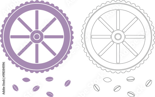Purple grain mill wheel and coffee beans outline