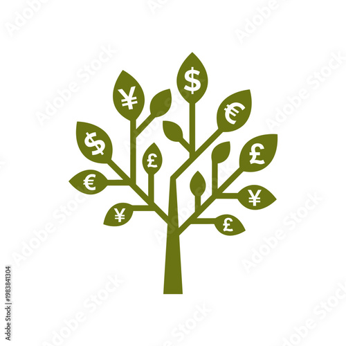 A green tree with various currency symbols on its leaves represents financial growth.