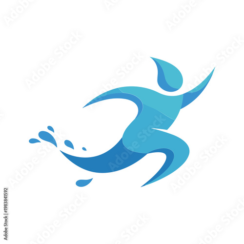 Abstract blue running figure with water splashes, sport and health concept