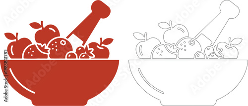 Red fruit mortar and pestle with outline bowl