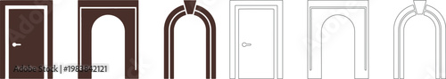 Six door and archway in brown and black outline doorway