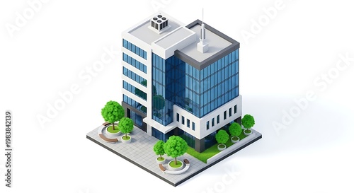 An isometric 3D render of a modern office building with blue glass windows, green trees, and a landscaped entrance. Perfect for business, real estate, and city planning concepts.
