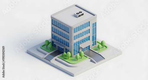 A clean 3D isometric render of a modern office building with blue windows and green trees. Ideal for business, real estate, or urban development concepts.