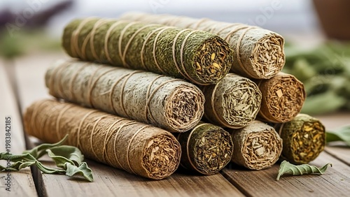 Sage bundles stacked on wooden surface for smudging.
