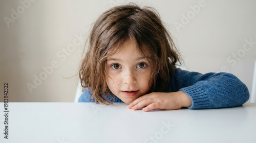 Young Girl Leaning On Table Looking At Camera.