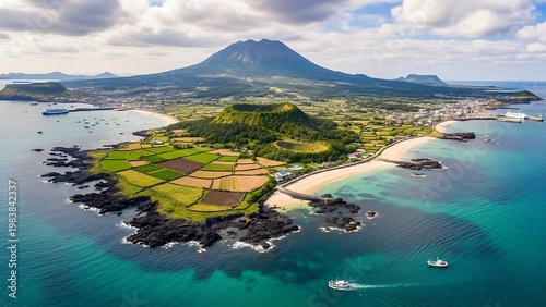 Scenic Aerial View of Udo Island, Jeju, South Korea with Hallasan Mountain.
