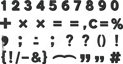 Black typographic symbols and punctuation marks on a plain surface including numbers and mathematical operators.
