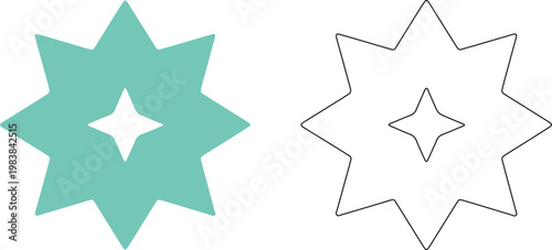Teal geometric starburst with inner star outline and black outline starburst