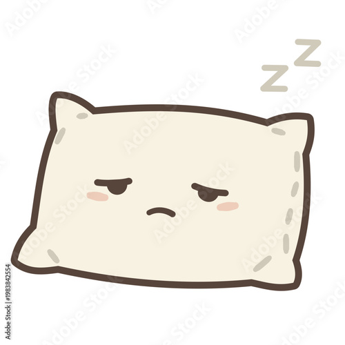 Cute Kawaii Sleeping Pillow Character with Zzz, Bedtime Sleep Cartoon Mascot, Cozy Minimal Flat Illustration