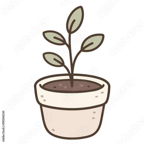 Cute Kawaii Potted Plant Cartoon, Indoor Houseplant with Leaves, Minimal Flat Botanical Illustration Isolated