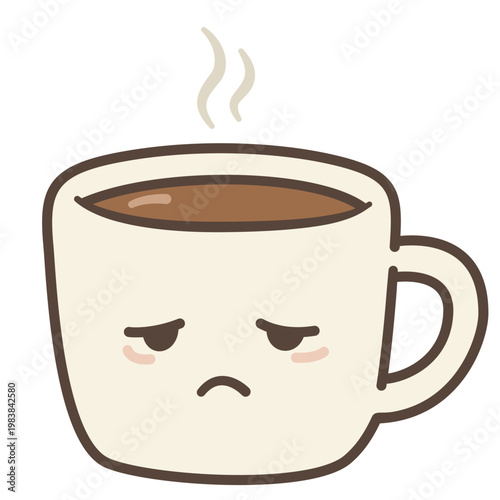 Cute Kawaii Sad Coffee Cup Character, Hot Drink Cartoon Mug Mascot, Tired Morning Minimal Flat Illustration