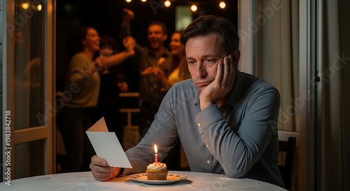 Sad lonely man celebrating birthday alone with cupcake while friends party background