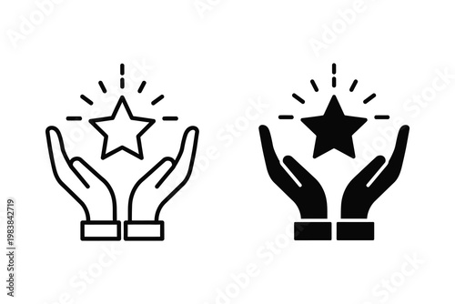 Hands holding a glowing star, representing achievement and success, flat design vector illustration