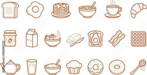 Various breakfast foods icons including bread, eggs, and pastries